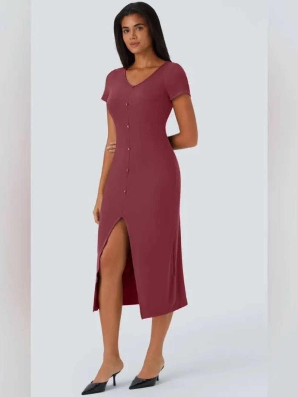 HALARA Ribbed Knit V Neck Midi Chill Dress (NWT)